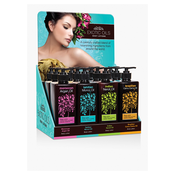 exotic oils body lotions 12 pc display